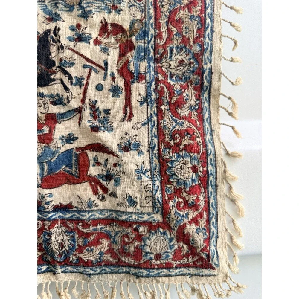 Antique Persian Fringed Cloth Tapestry Qajar Hunting & Polo Scene 24 X 24